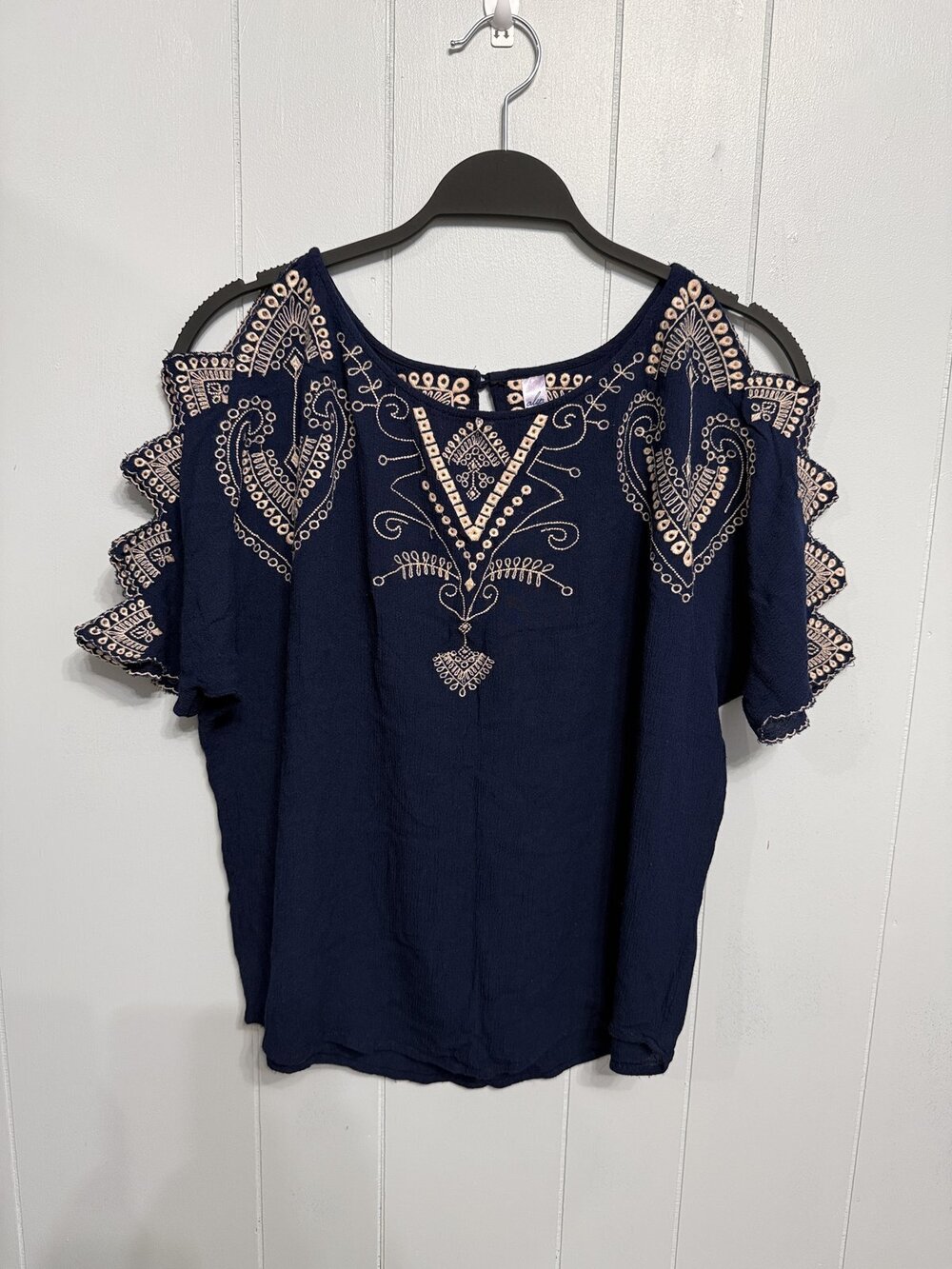 Alya Navy Blue Embroidered Cold Shoulder Top Boho Scalloped Sleeves